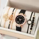 Round Pointer Watch with 4-Piece Fancy Bracelet Jewelry"
