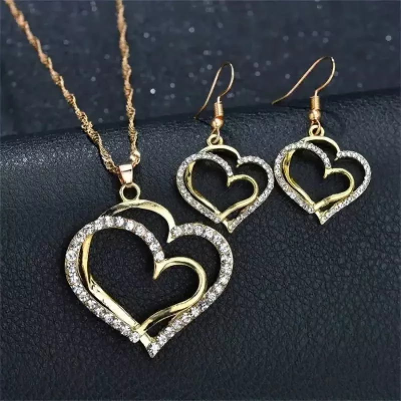 Necklace, Earrings,  Double Hollow Love Heart Design"